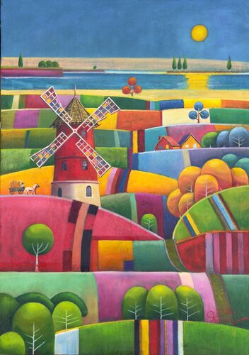 Landscape with Windmill and Rolling hills de Kamal Hasan, Pintura a la venta en Singulart
