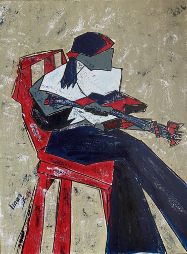 The Guitarist in Red Chair di Marina Imar, Pittura in vendita su Singulart