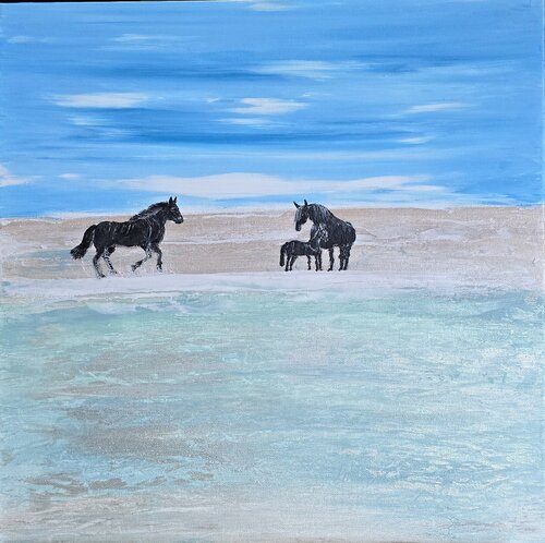 Horses by the Shimmering Sea par Surjit Bhandal, Peinture en vente sur Singulart