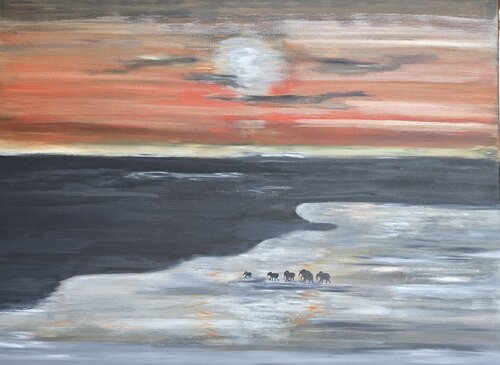 Elephants in the Sunset by Surjit Bhandal, Painting for Sale on Singulart