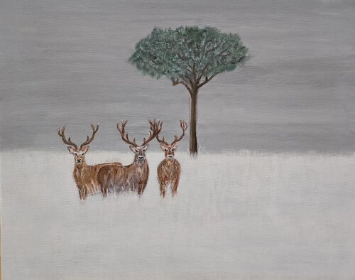 Stags in the Moment of Tranquility de Surjit Bhandal, Pintura a la venta en Singulart