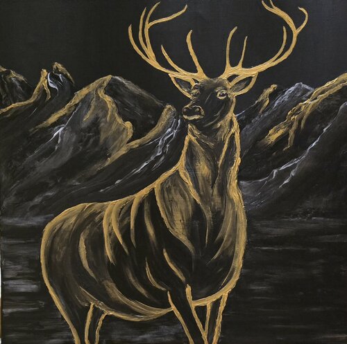 Majestic Monarch of the Glen in Gold Textured Acrylic de Surjit Bhandal, Pintura a la venta en Singulart