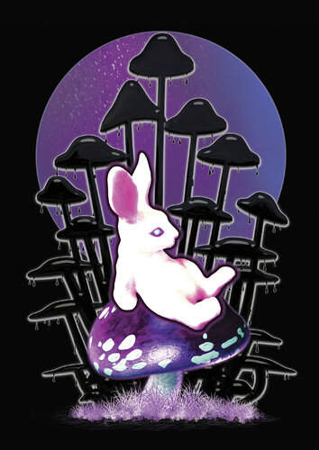 The legendary pink rabbit in the shrooms di Adomas Vasiliauskas, Stampa in vendita su Singulart
