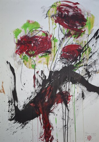 Quise mandarte flores y las pinté en un cuadro van Juanjo Ortubia, Werk op papier te koop op Singulart