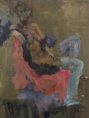 Modelo santada con medias y plumas by Sara Gallego, Painting for Sale on Singulart