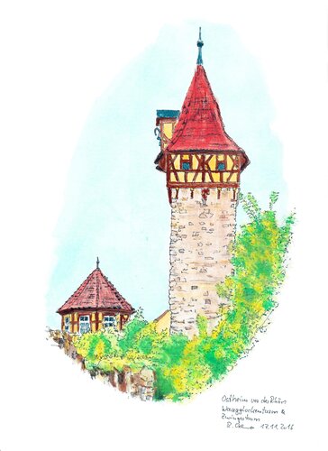 Ostheim vor der Rhön Wagglockenturm und Zwingerturm by Rudolf Oehme, Painting for Sale on Singulart