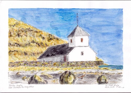 Blick auf die St. Olafs Kirche am alten Bischofssitz in Kirkjuböur by Rudolf Oehme, 油畫 for Sale on Singulart
