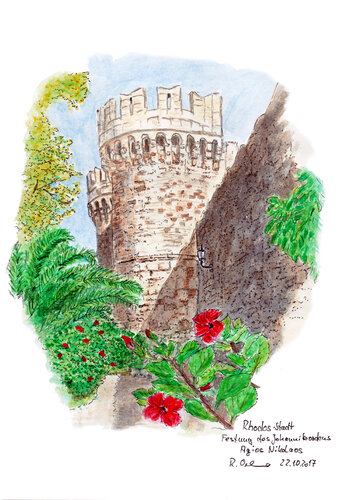Festungsturm Rhodos Stadt von Rudolf Oehme, Malerei kaufen auf Singulart