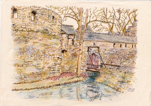 Alte Wasserburg Schkölen Blick auf Turm und Zugbrücke by Rudolf Oehme, Painting for Sale on Singulart