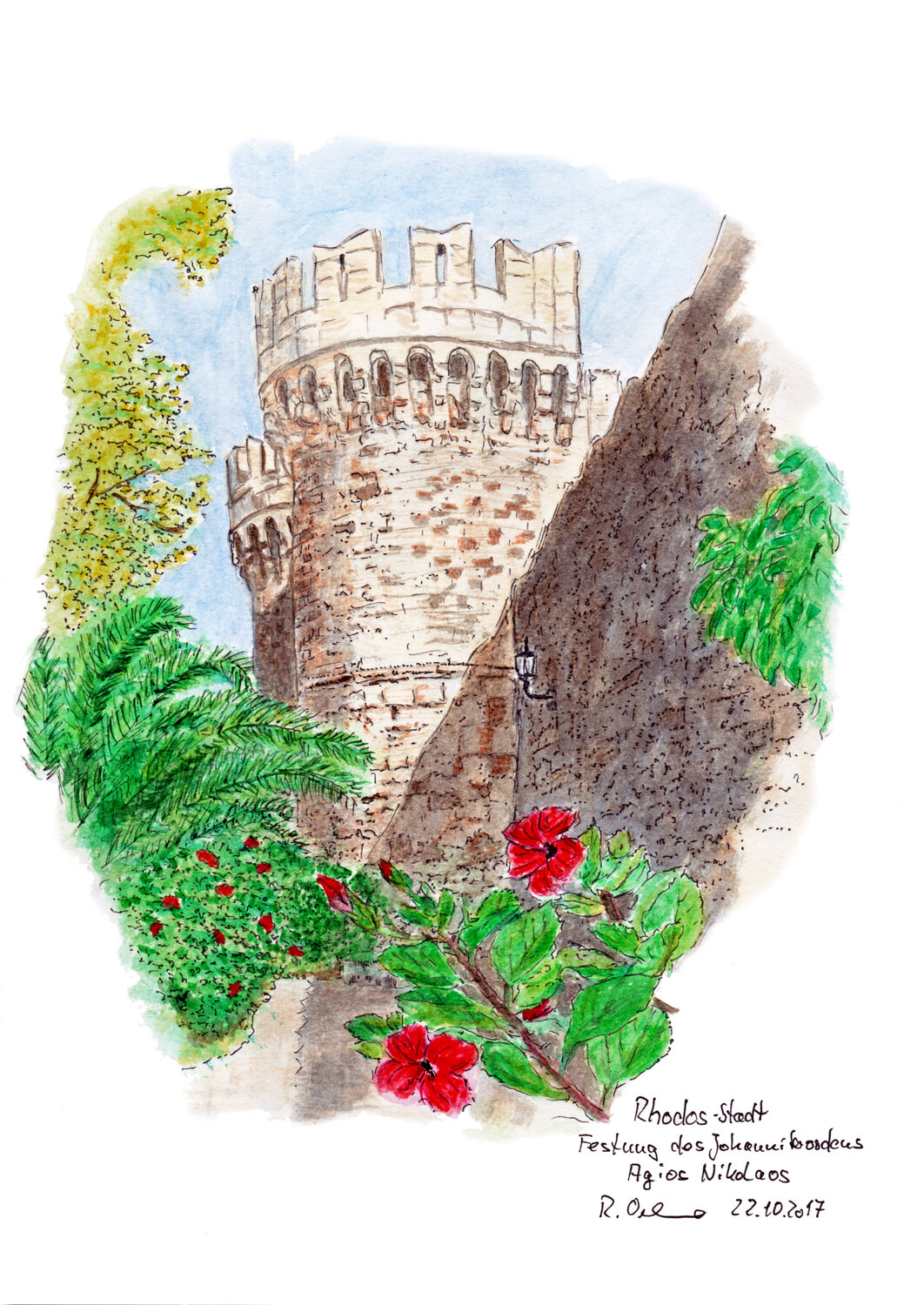 Festungsturm Rhodos Stadt Rudolf Oehme Originalgemälde zu verkaufen