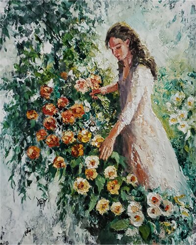 Tending the Roses by Jarmila Dluhos, Painting for Sale on Singulart