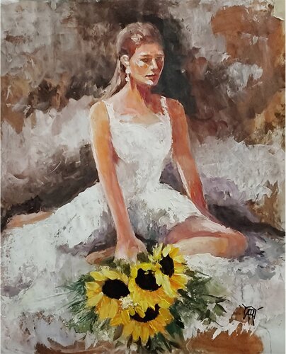 Woman with Sunflowers di Jarmila Dluhos, Pittura in vendita su Singulart