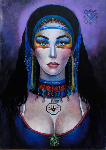 Portre femme. C'est une œuvre fascinante qui mélange habilement des esthétiques anciennes et futuristes van Nezir Korkmaz, Schilderij te koop op Singulart