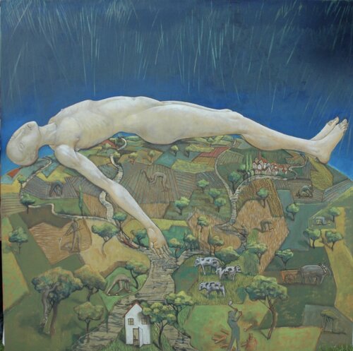 en lévitation sur paysage hommes au travail (provisoire huile sur toile par Jean-Pierre Ceytaire, Peinture en vente sur Singulart