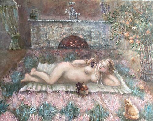 A Social Worker's New Pearl Necklace van Natalia Bogdan, Schilderij te koop op Singulart