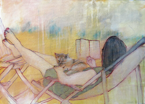 Lesereisende mit Katze by Skadi Engeln, Painting for Sale on Singulart