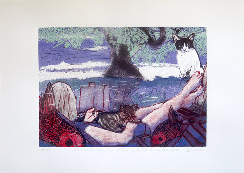 Lesereisende, Katzen und Fische unter Oliven im Ebrodelta by Skadi Engeln, Print for Sale on Singulart