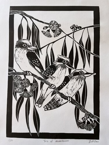 Trio of Kookaburras - Linocut by Britt Gow, Other Media for Sale on Singulart