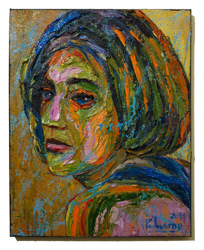 UNTITLED x1301 - Abstract Impressionism -Folk  female art deco-canvas painting-portrait face oil painting-  artwork for sale van David Padworny, Schilderij te koop op Singulart