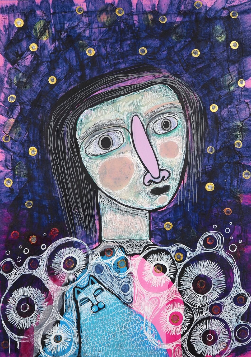 Staring at the stars - with cat Sara Rodighiero Werk auf Papier zu verkaufen