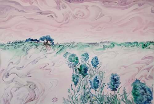 Campo con flores azules. van Juan González-Gallego Espinosa, Schilderij te koop op Singulart