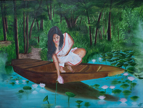 Lady plucking lotus von Smiitaa Chatterjee, Malerei kaufen auf Singulart