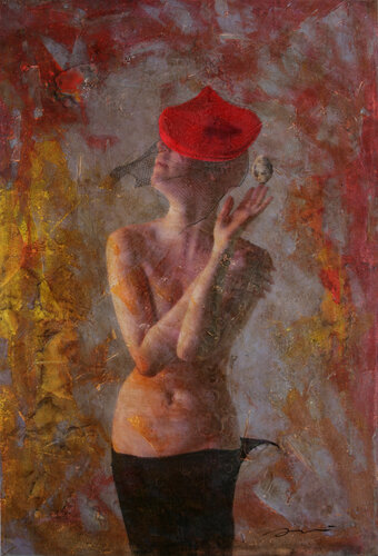833 L'OU DE COLOM AMB BARRET VERMELL (THE C.Columbus EGG WITH A RED HAT) von ENRIC AROMI-MASRIERA, Malerei kaufen auf Singulart