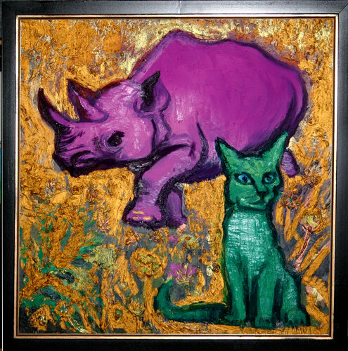 Rhinoceros avec son chat par JIri Hanibal, Peinture en vente sur Singulart