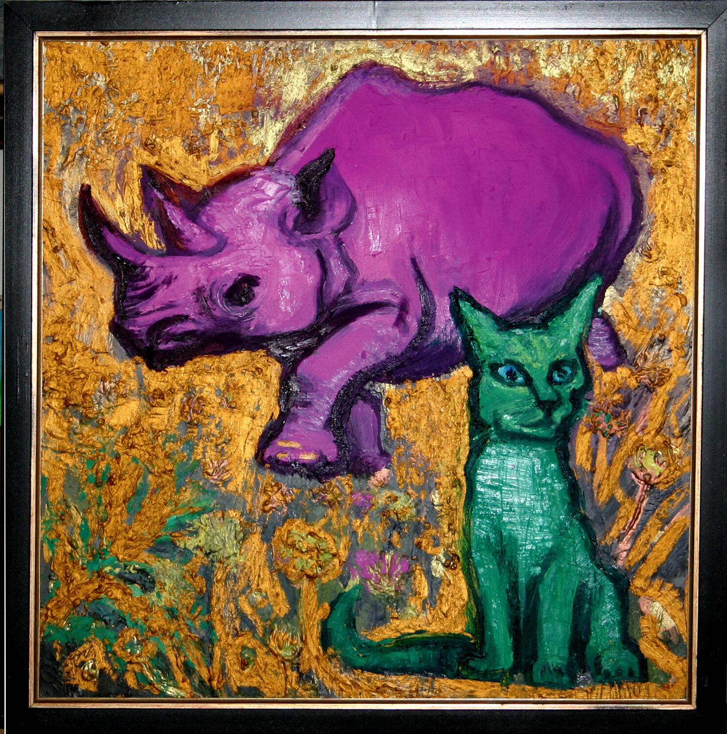Rhinoceros avec son chat JIri Hanibal Peinture originale à vendre