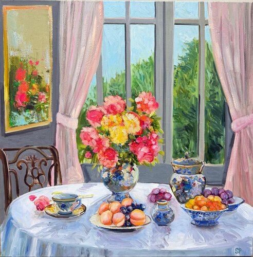 Chinaware Elegance: A Still Life with Vibrant Flowers and Fruits by Lana Popova, Painting for Sale on Singulart