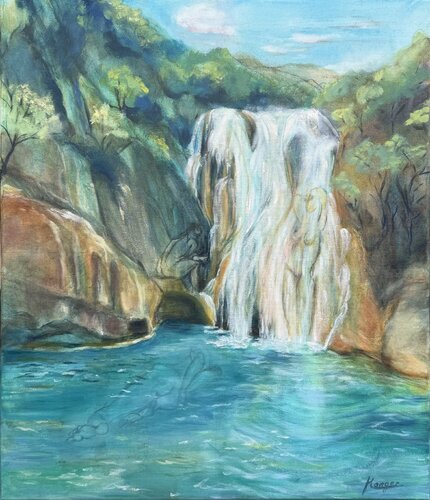 Whispers at the Waterfall van Evelyne Maager, Schilderij te koop op Singulart