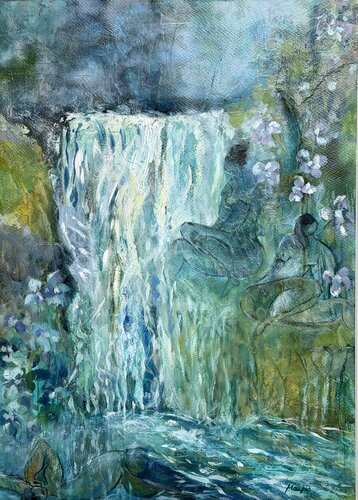Gathering at the Waterfall van Evelyne Maager, Schilderij te koop op Singulart
