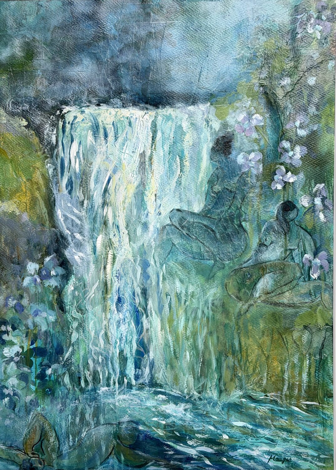 Gathering at the Waterfall Evelyne Maager Origineel schilderij te koop