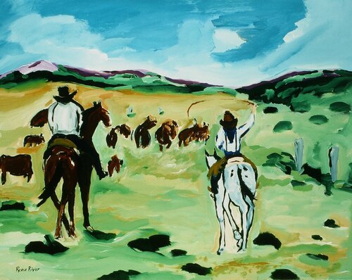Moving Purple Mountains van Reine River, Schilderij te koop op Singulart
