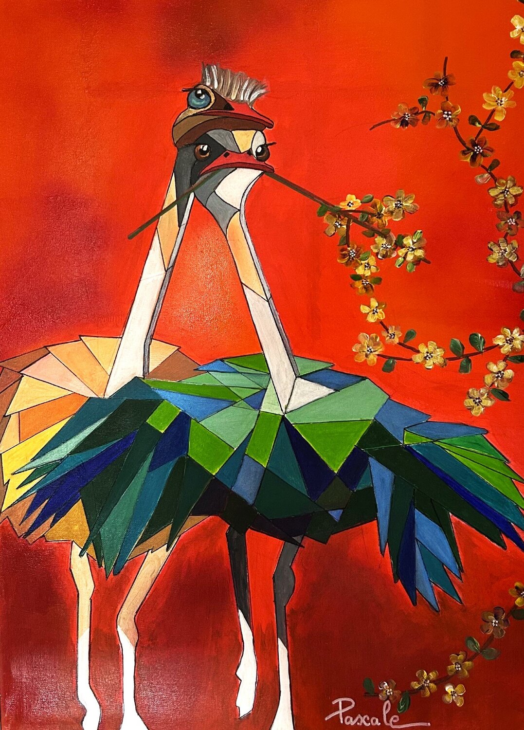 Duo d'autruches en éclats de couleurs Pascale Haeberle Rinck Originalgemälde zu verkaufen
