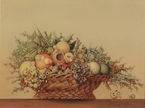 Blumen- und Früchtekorb, mit Anleihen bei Caravaggio by Hans-Christian Harten, Painting for Sale on Singulart