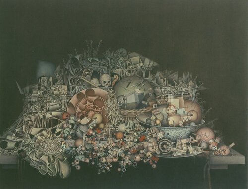 Geometrisches Stilleben, mit Anleihen bei Jan Davids de Heem (Vanitas-Version) by Hans-Christian Harten, Painting for Sale on Singulart