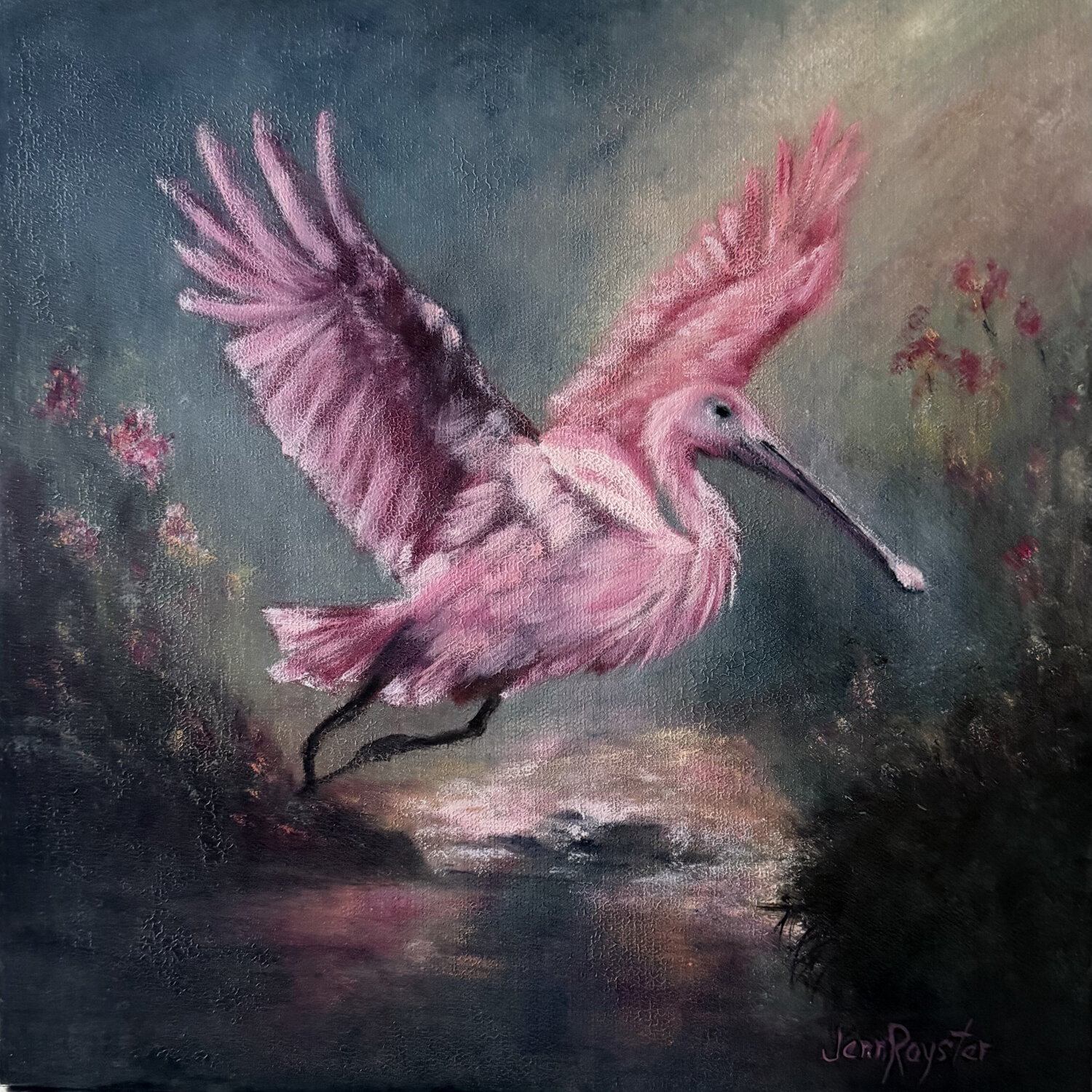 Roseate Spoonbill: Wings of Tender Radiance Jenn Royster Originalgemälde zu verkaufen