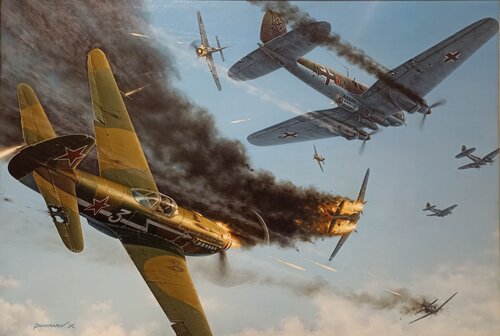 L'escadrille Normandie-Niemen attaque les bombardiers allemands. by Evguenii Ponomarev, Painting for Sale on Singulart