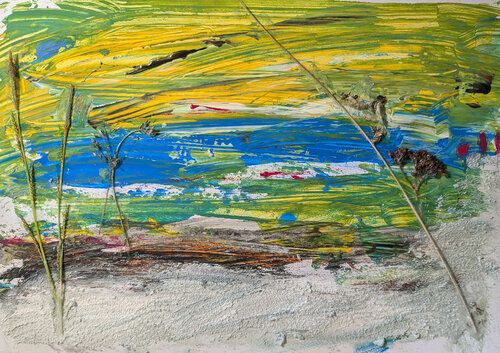 Abstrakte Landschaft in Cyan und Gelb par Karin Martensen, Peinture en vente sur Singulart