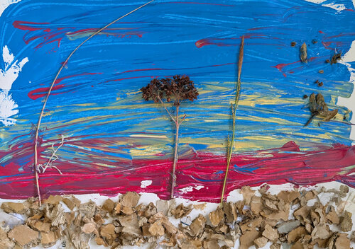 Abstrakte Landschaft mit Cyan und Magenta par Karin Martensen, Peinture en vente sur Singulart