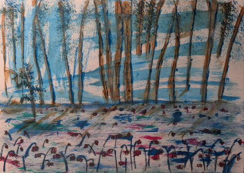 Blumen vor Waldlandschaft di Karin Martensen, Pittura in vendita su Singulart