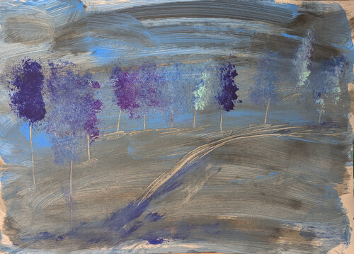 Abstrakte Landschaft mit blauen Bäumen van Karin Martensen, Schilderij te koop op Singulart