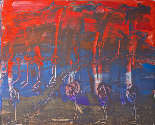 Abstrakte Landschaft vor rotem Abendhimmel van Karin Martensen, Schilderij te koop op Singulart