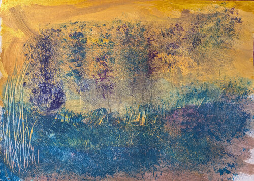 Blaue Bäume vor goldgelbem Hintergrund van Karin Martensen, Schilderij te koop op Singulart