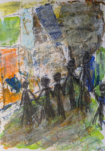 Sechs Figuren, die einander an der Hand halten de Karin Martensen, Pintura a la venta en Singulart