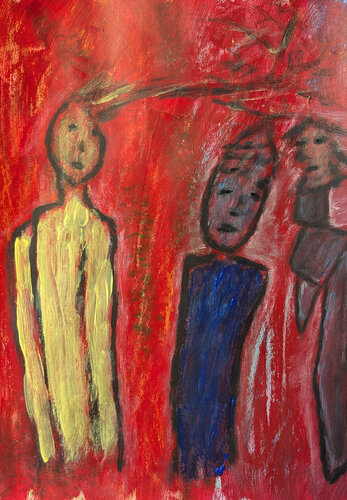 Drei miteinander verbundene abstrakte Figuren par Karin Martensen, Peinture en vente sur Singulart