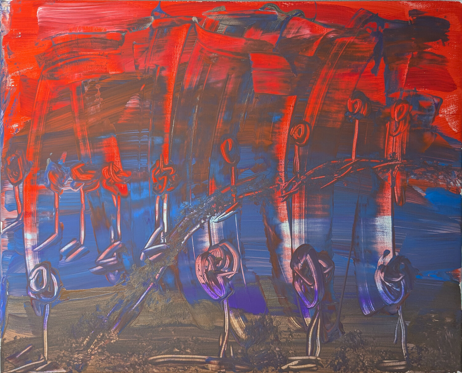 Abstrakte Landschaft vor rotem Abendhimmel Karin Martensen Origineel schilderij te koop