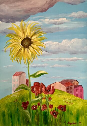 Girasole con paesaggio di Luisa Cappellari, Pittura in vendita su Singulart