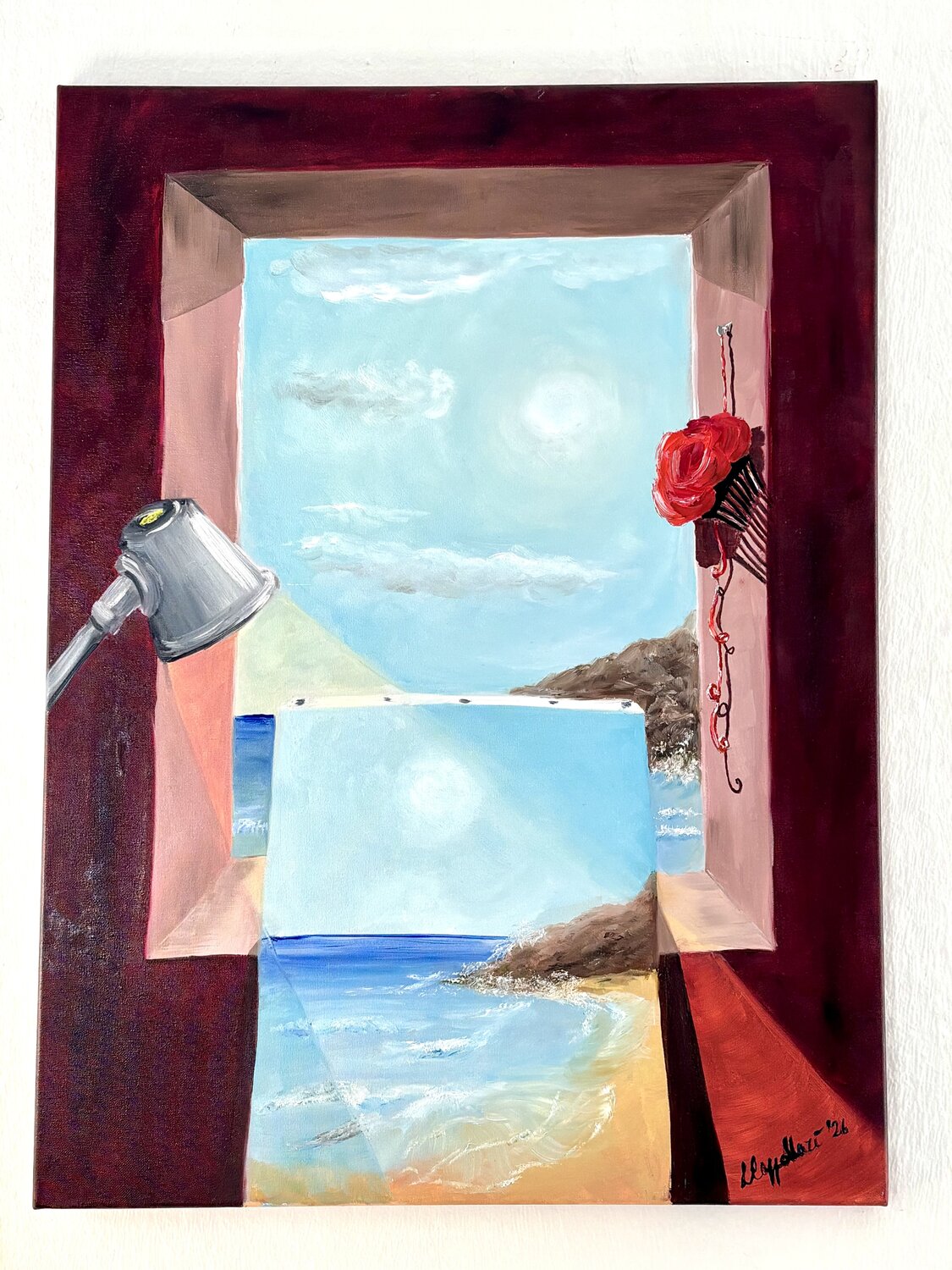 Finestra sul mare con tela e rosa rossa Luisa Cappellari Dipinto originale in vendita